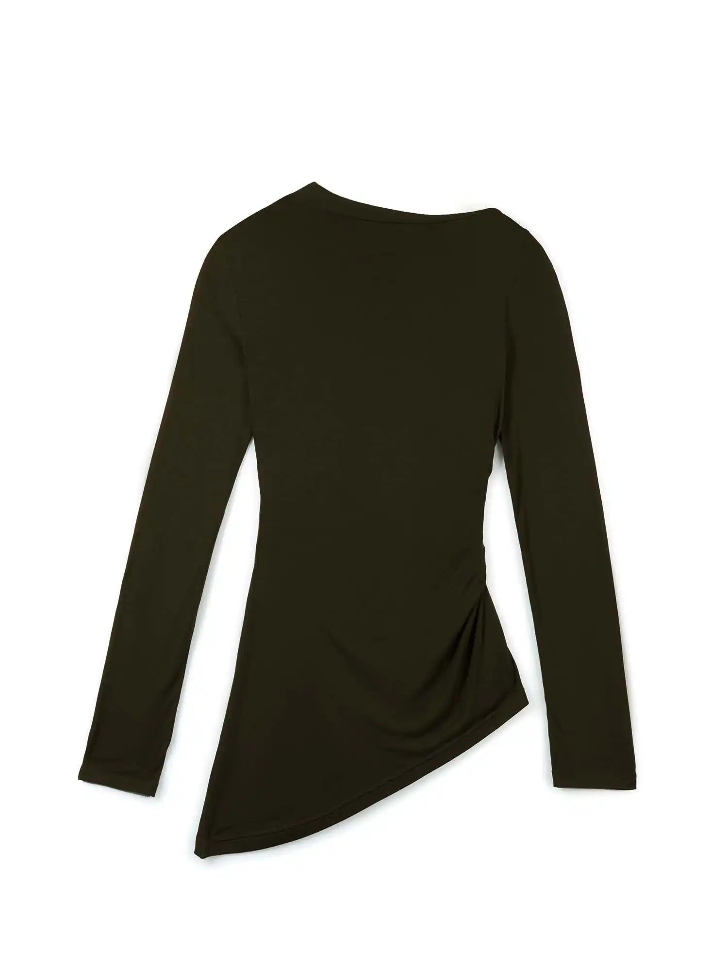 Tencel Ruched Front Asymmetrical Collar Ribbed Long Sleeve Top