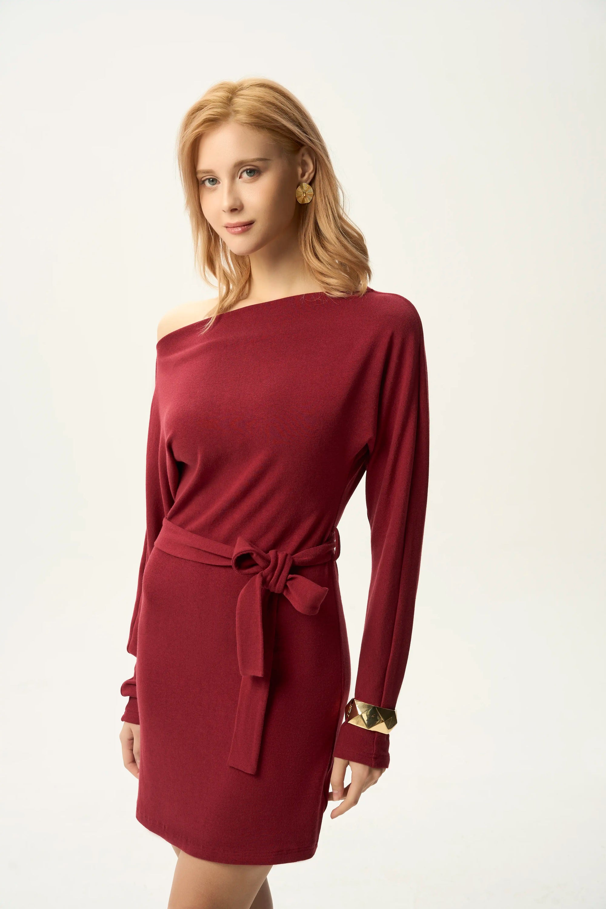 Off-Shoulder Belted Sweater Dress