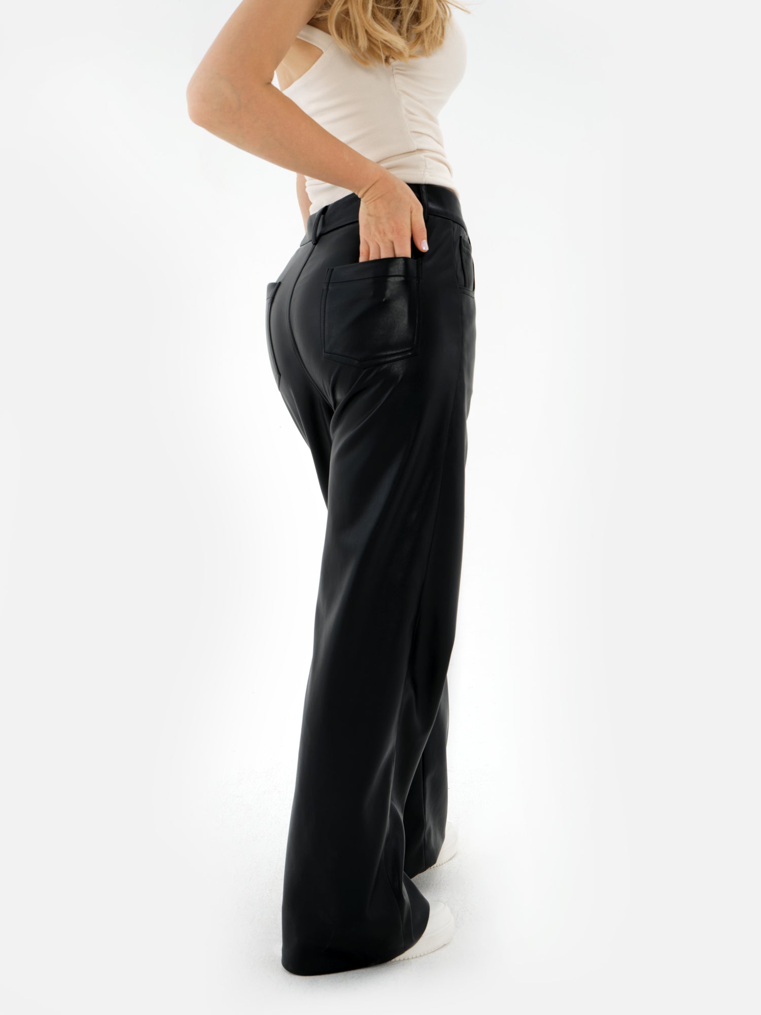 Buffed Faux Leather Straight Leg Trousers