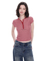 red fitted henley top, on model, side view