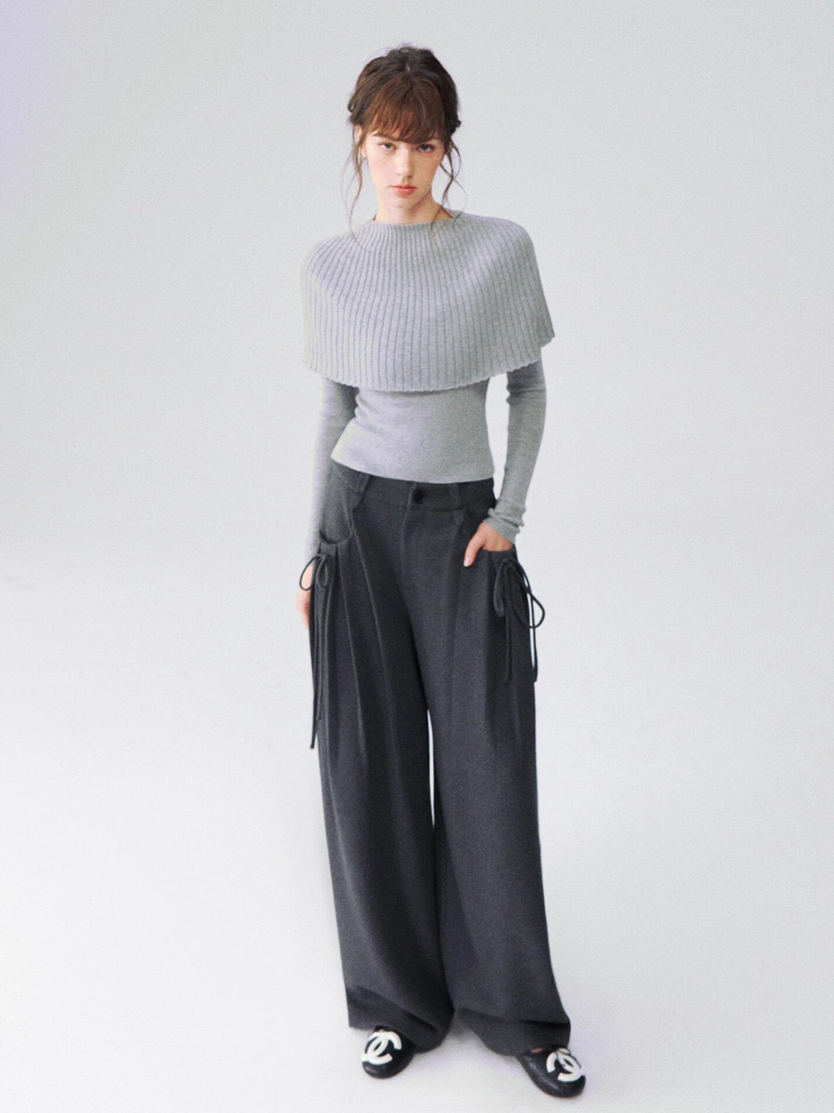Bow-Pocket Pleated Wide-Leg Pants