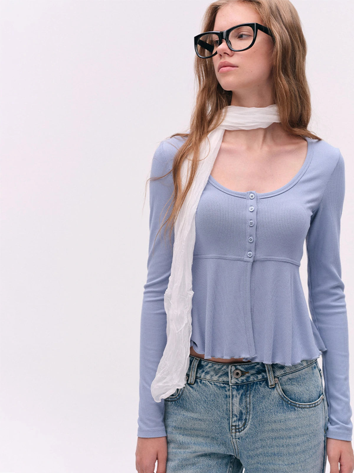 Button-Detail U-Neck Peplum Top