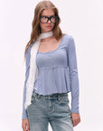 Button-Detail U-Neck Peplum Top