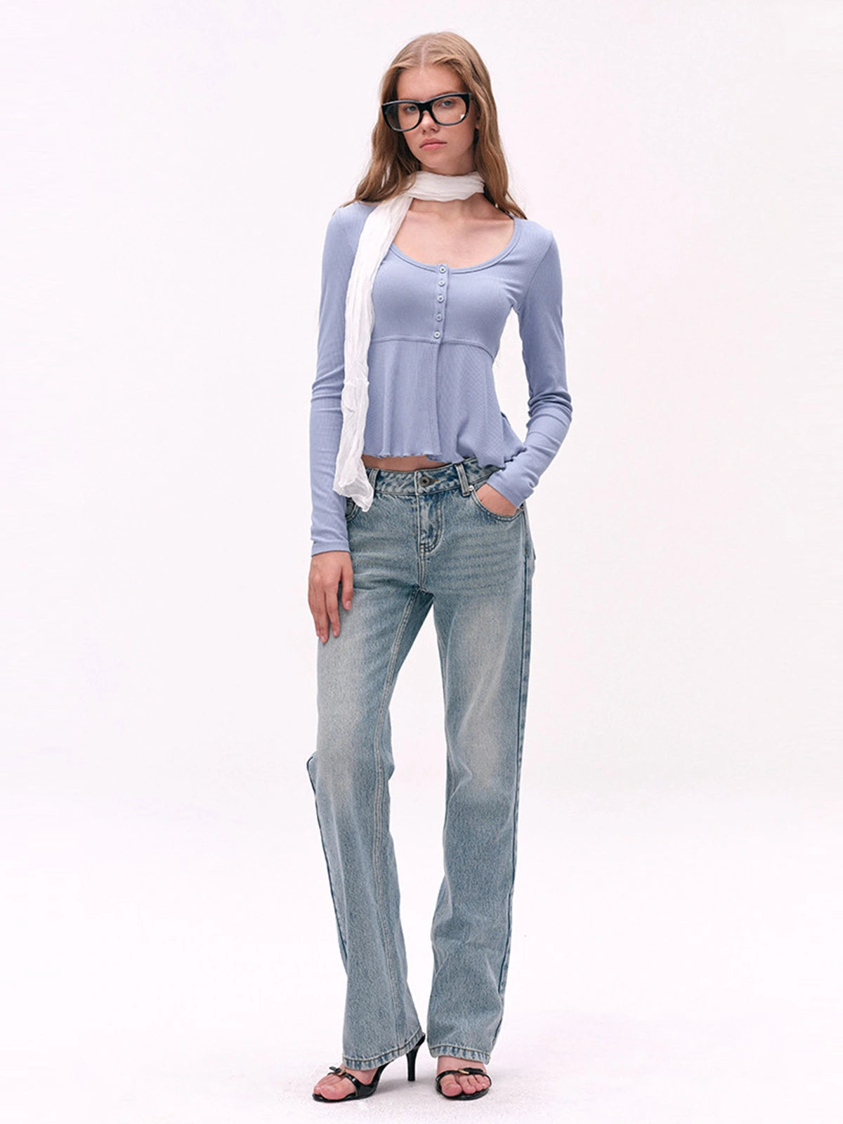 Button-Detail U-Neck Peplum Top