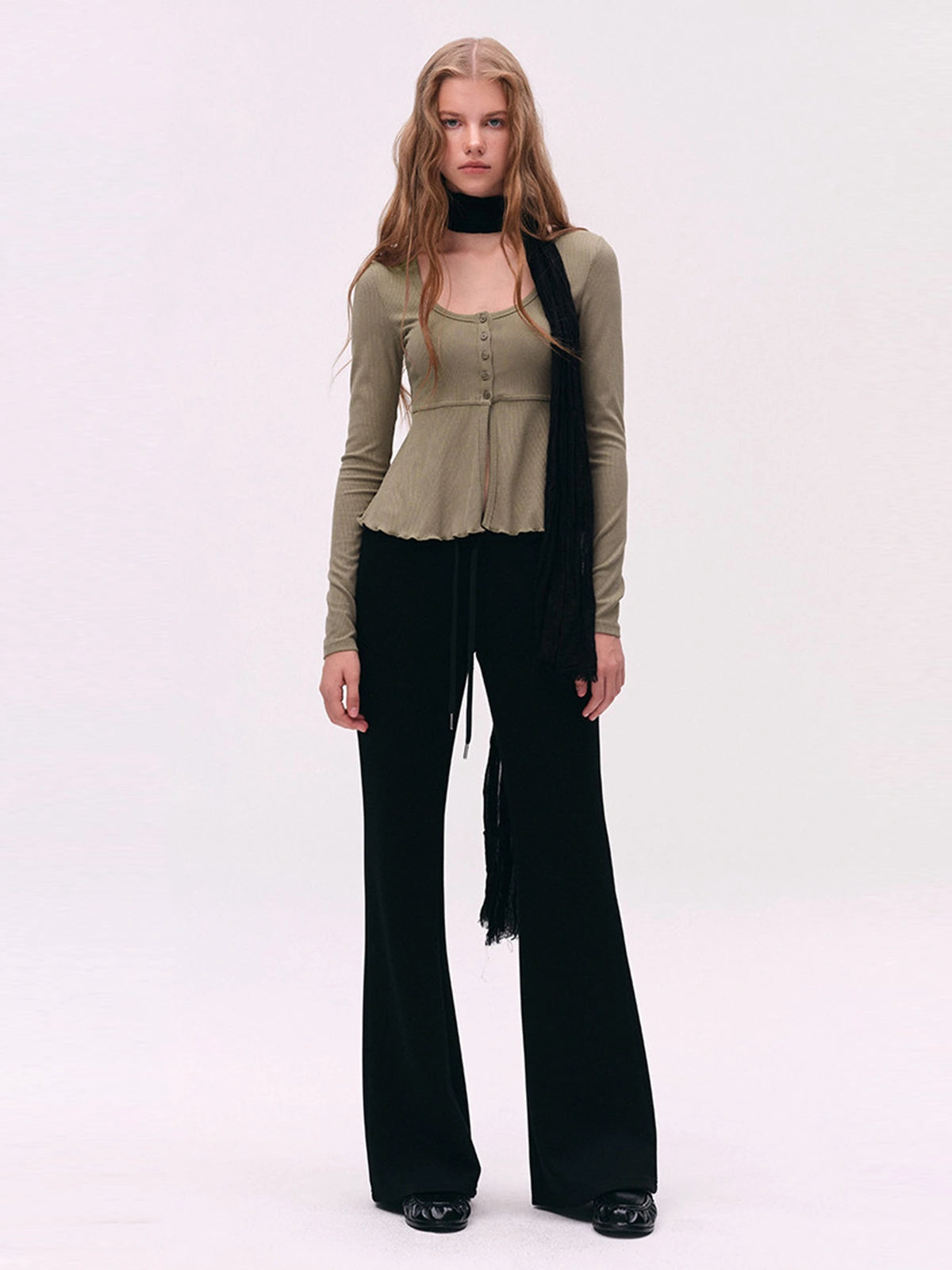 Button-Detail U-Neck Peplum Top