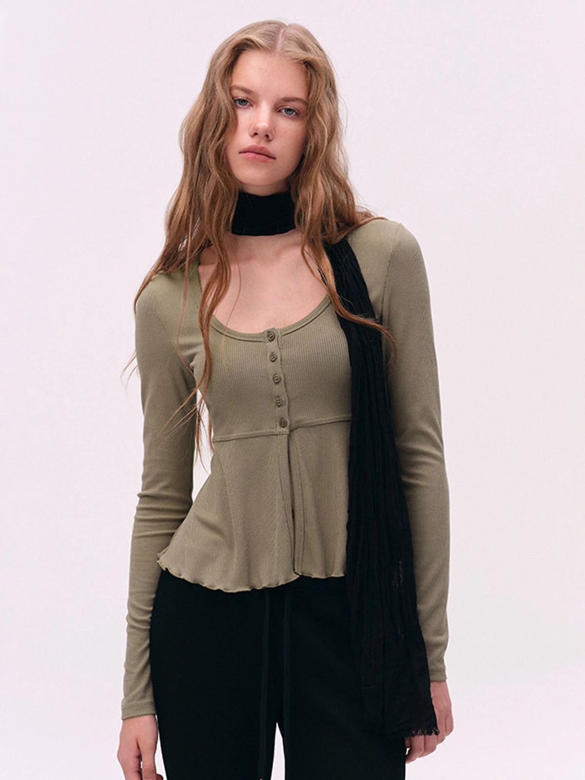 Button-Detail U-Neck Peplum Top