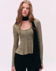 Button-Detail U-Neck Peplum Top