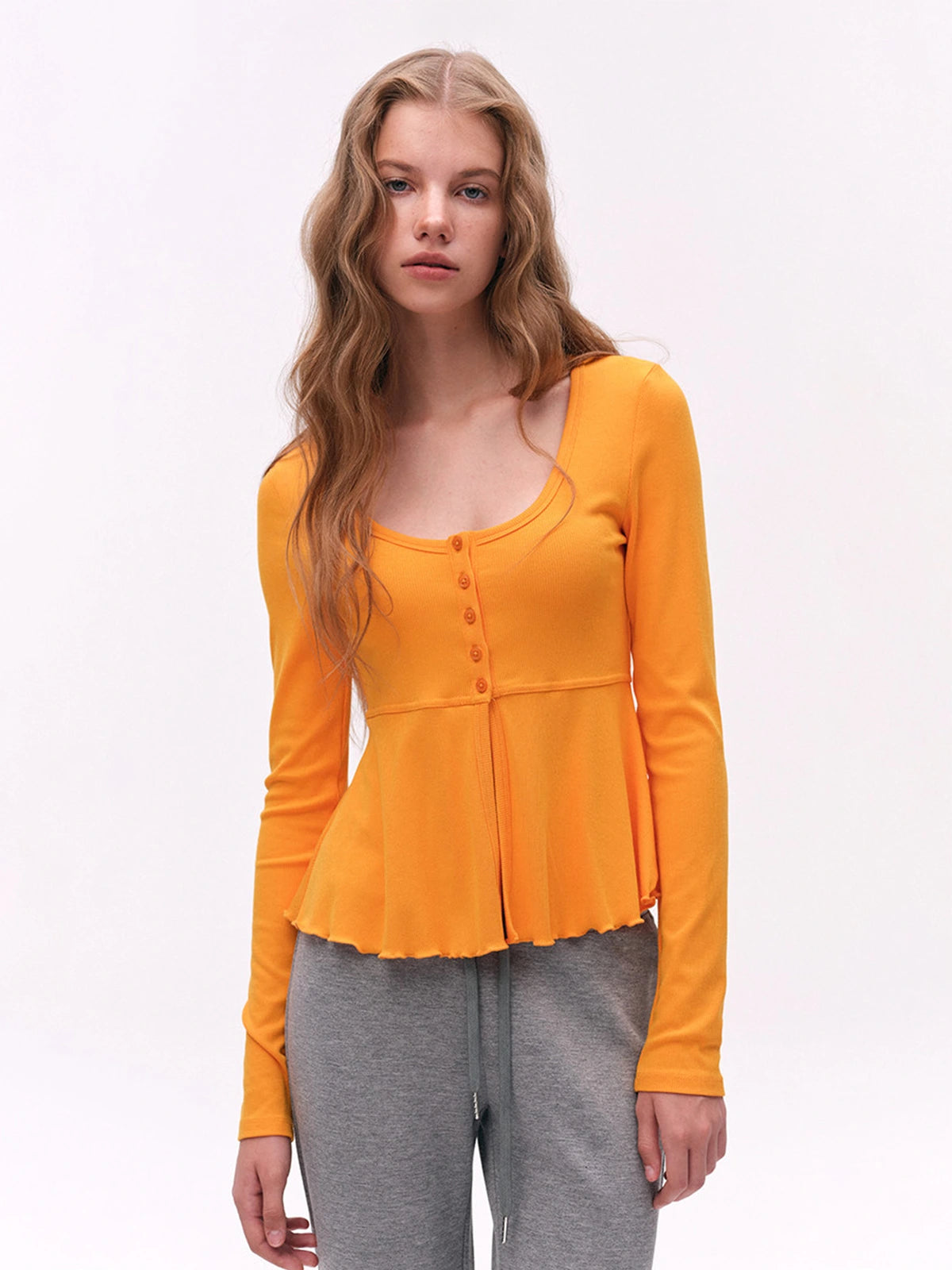 Button-Detail U-Neck Peplum Top