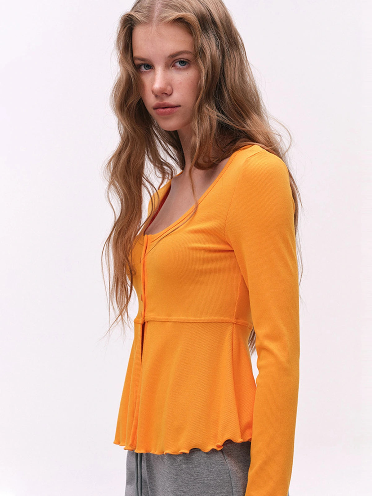 Button-Detail U-Neck Peplum Top