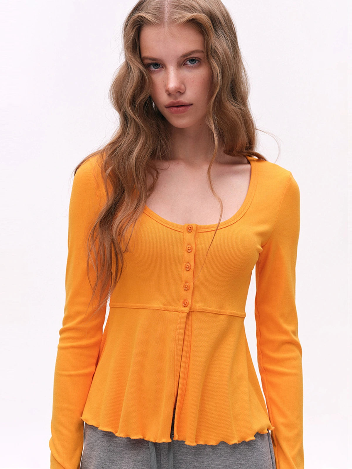 Button-Detail U-Neck Peplum Top
