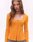 Button-Detail U-Neck Peplum Top