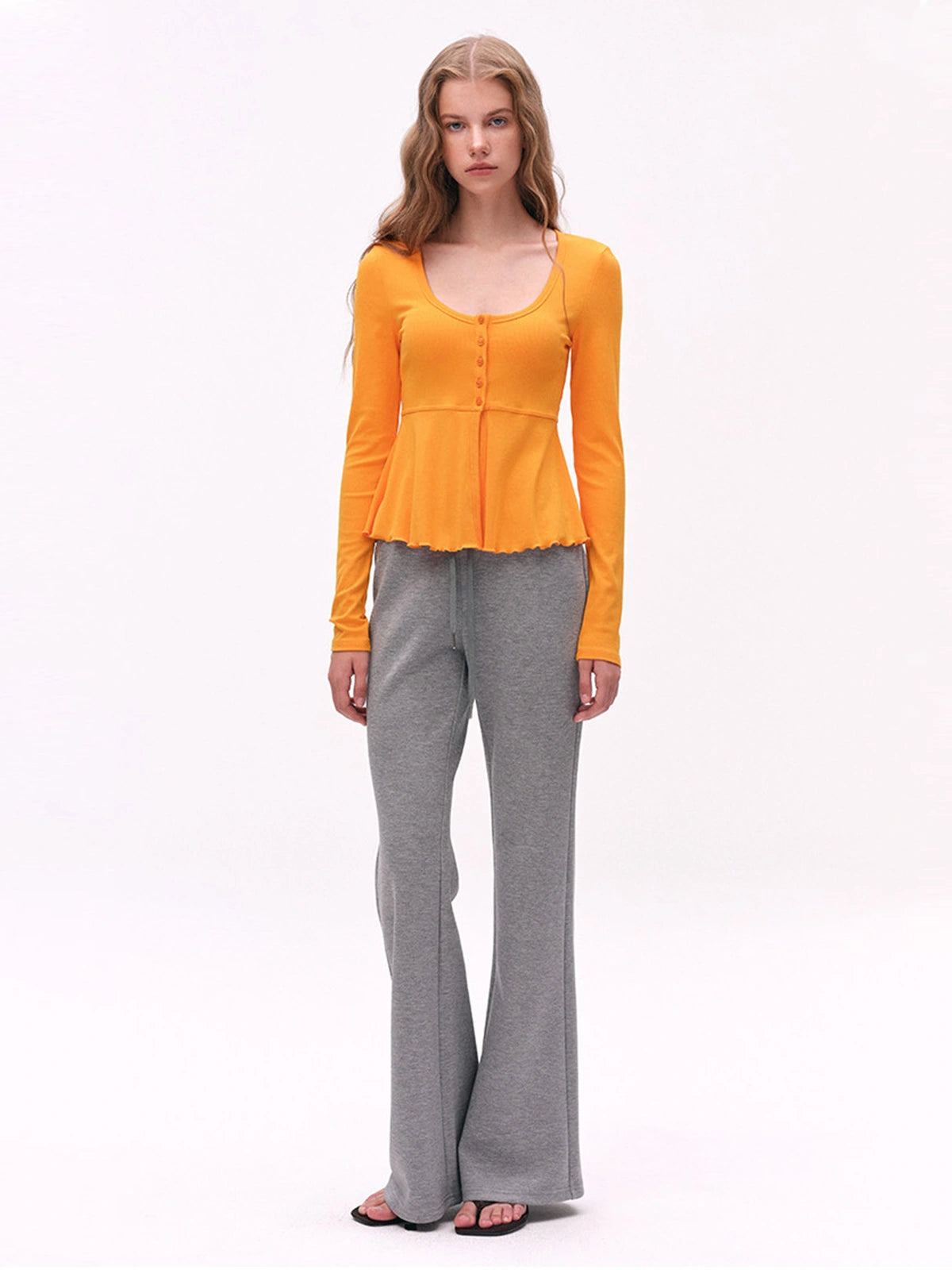 Button-Detail U-Neck Peplum Top