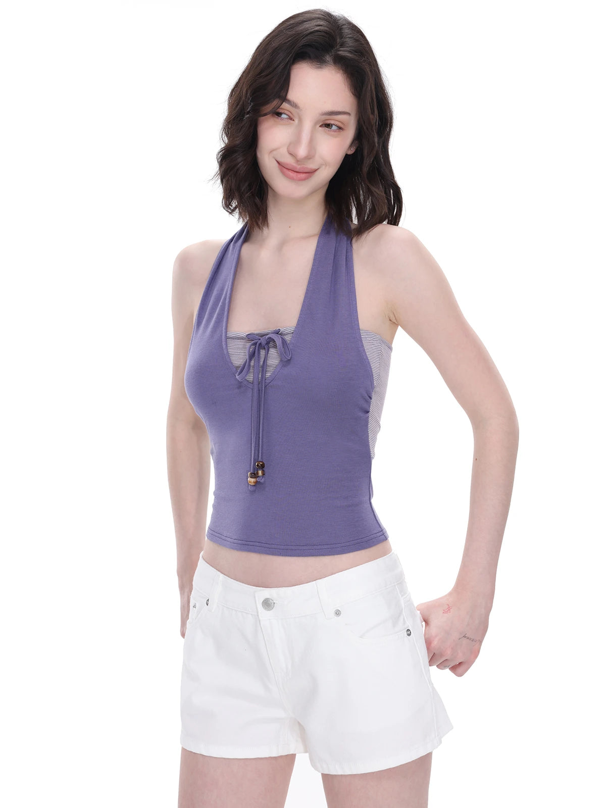 Contrast-Panel Halter Tie Top in Purple/Gray Stripe a?? view 5