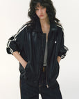 Contrast-Stripe Collared Zip Jacket