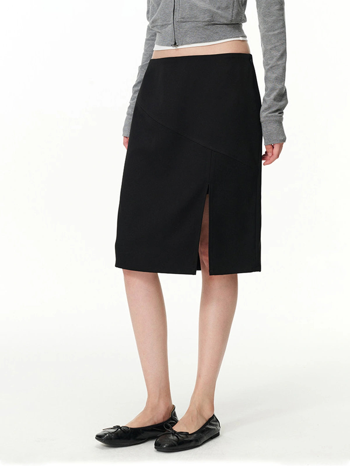 Curved-Seam Side-Slit Midi Skirt