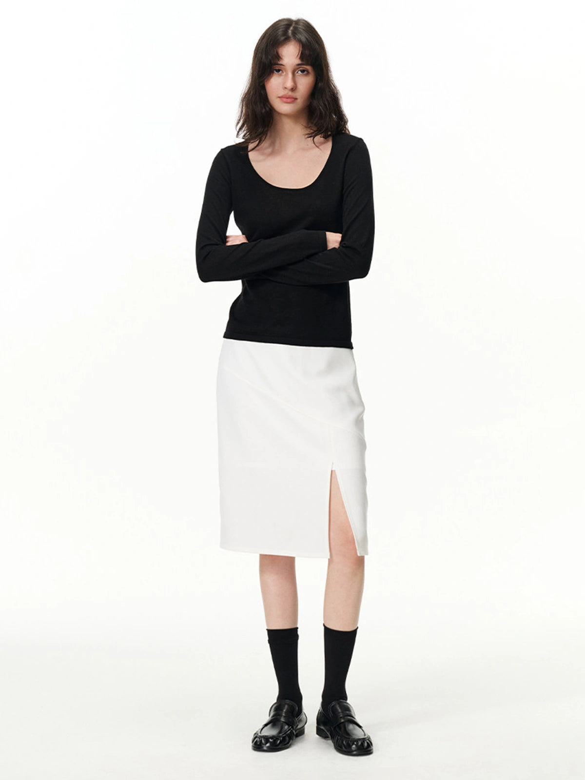 Curved-Seam Side-Slit Midi Skirt