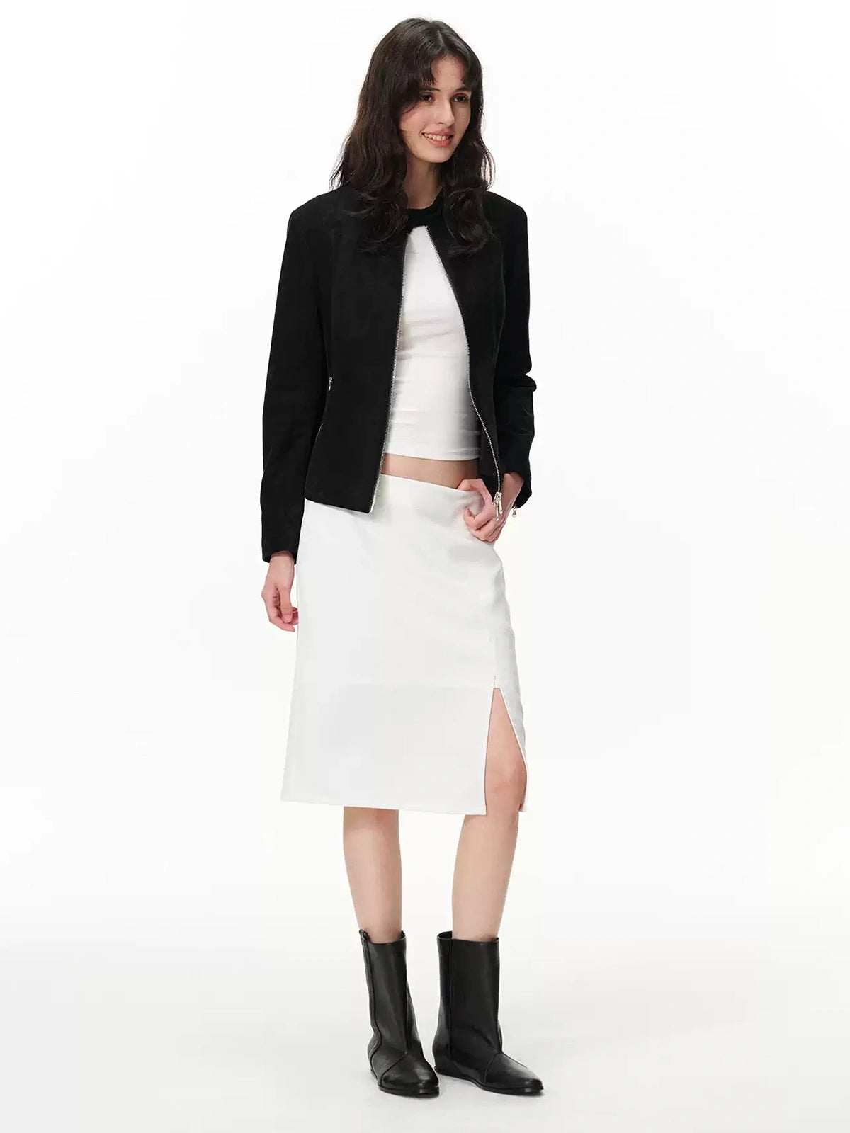 Curved-Seam Side-Slit Midi Skirt