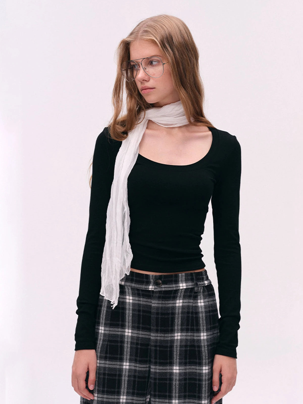 Deep U-Neck Fitted Long-Sleeve Top