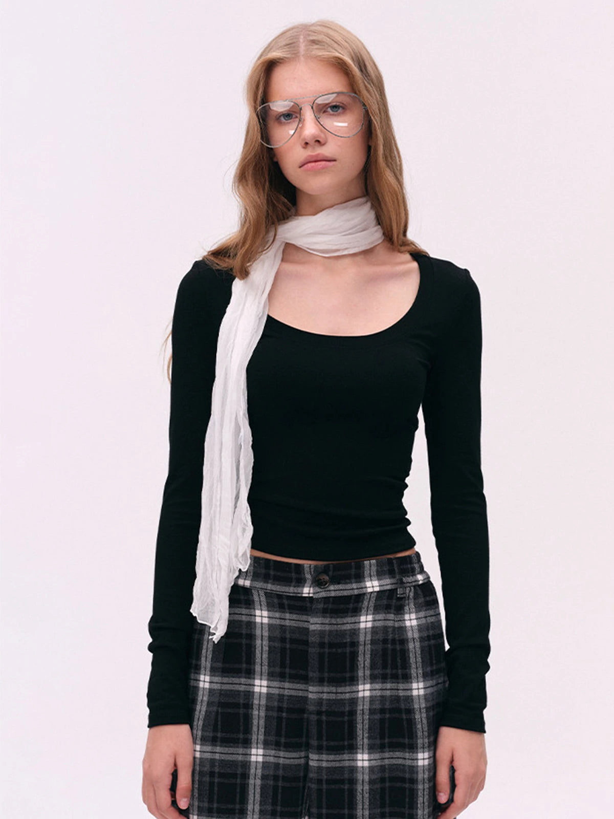 Deep U-Neck Fitted Long-Sleeve Top