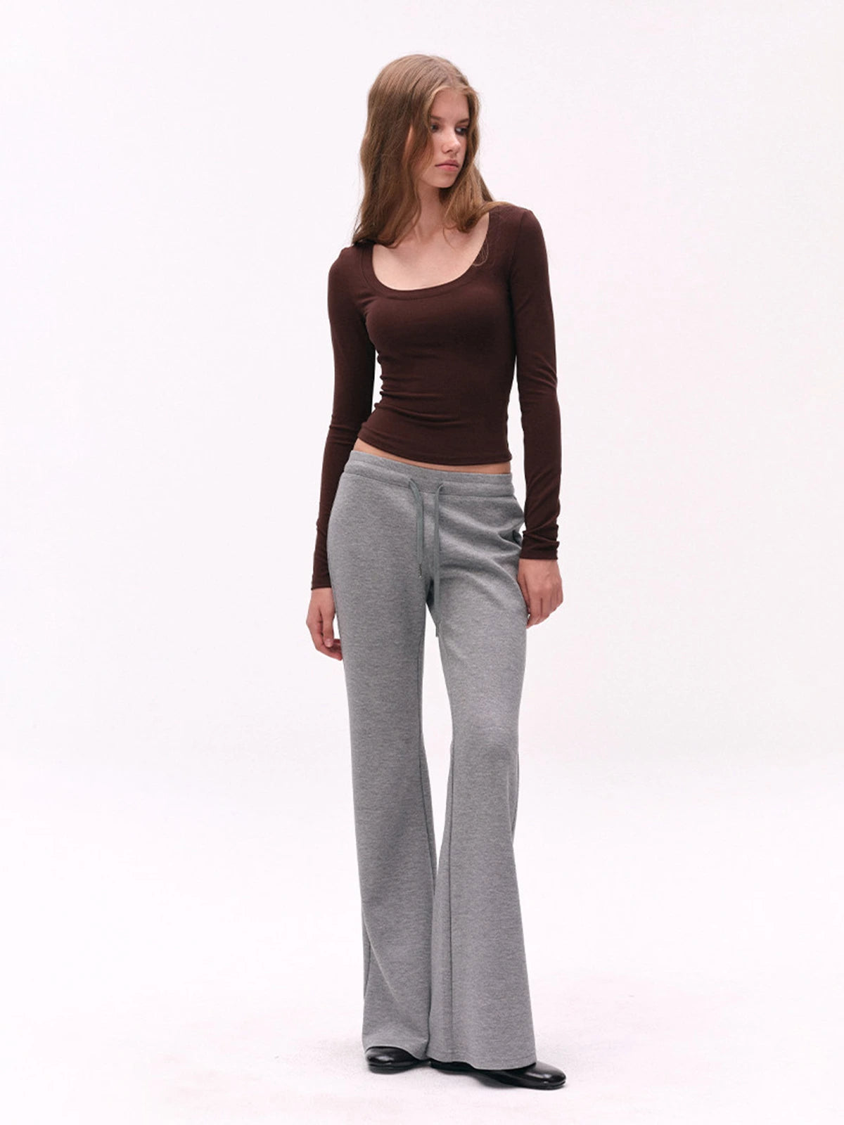 Deep U-Neck Fitted Long-Sleeve Top