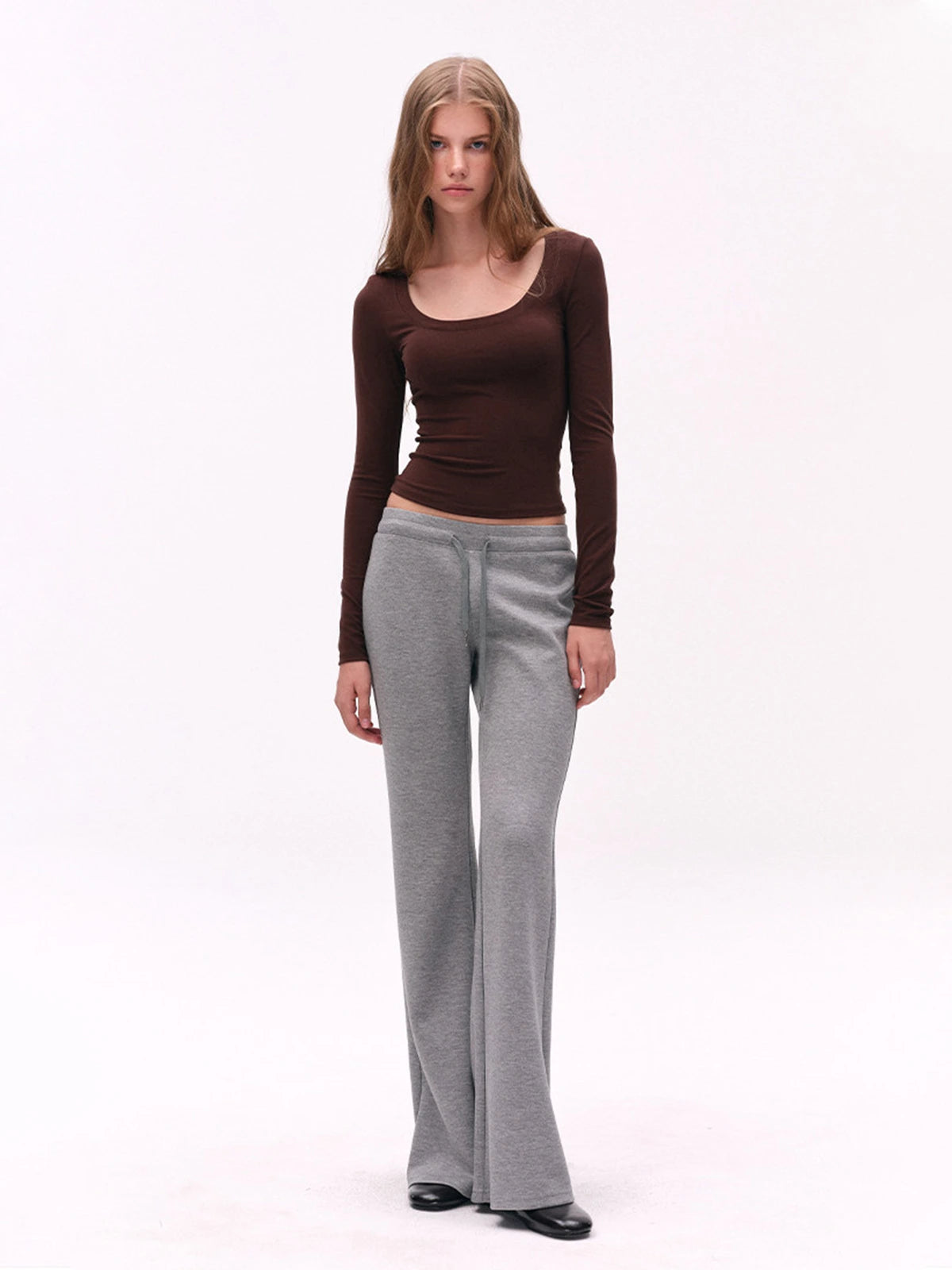 Deep U-Neck Fitted Long-Sleeve Top
