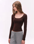 Deep U-Neck Fitted Long-Sleeve Top