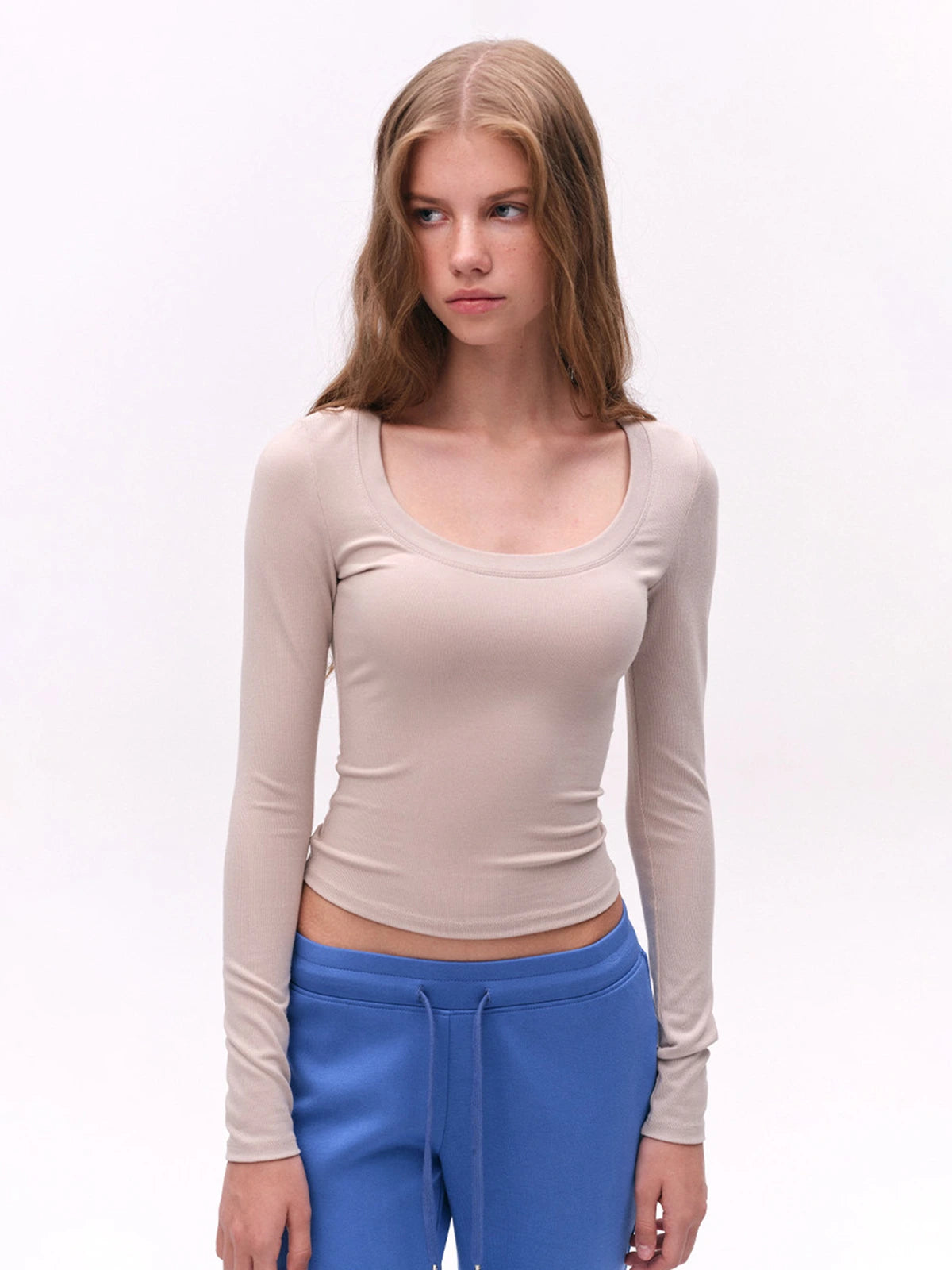 Deep U-Neck Fitted Long-Sleeve Top