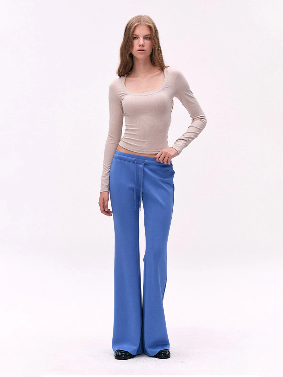 Deep U-Neck Fitted Long-Sleeve Top
