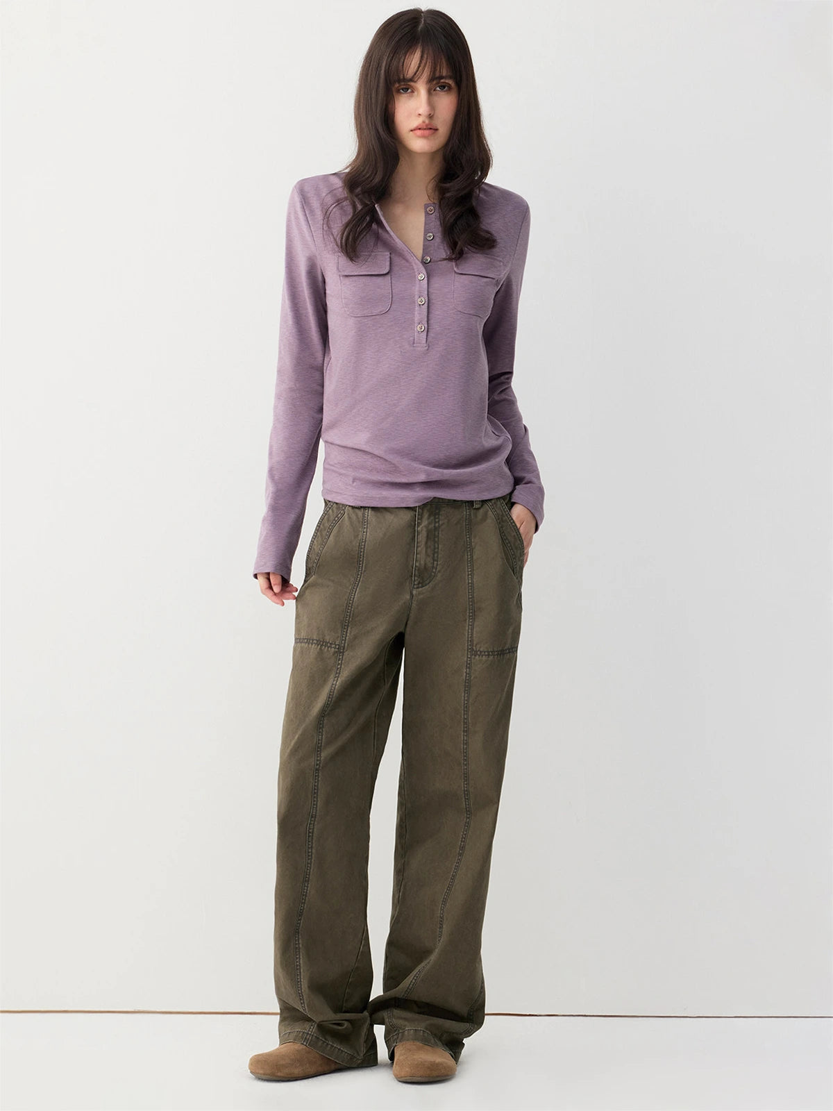 Double-Pocket Henley Long Sleeve Top