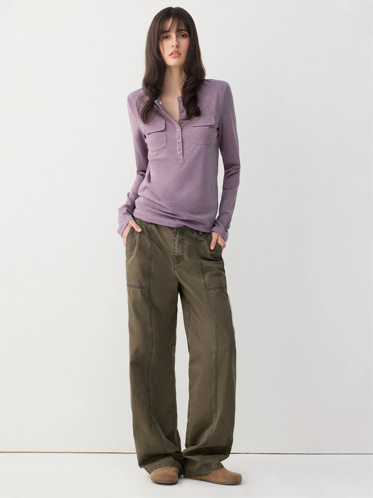 Double-Pocket Henley Long Sleeve Top