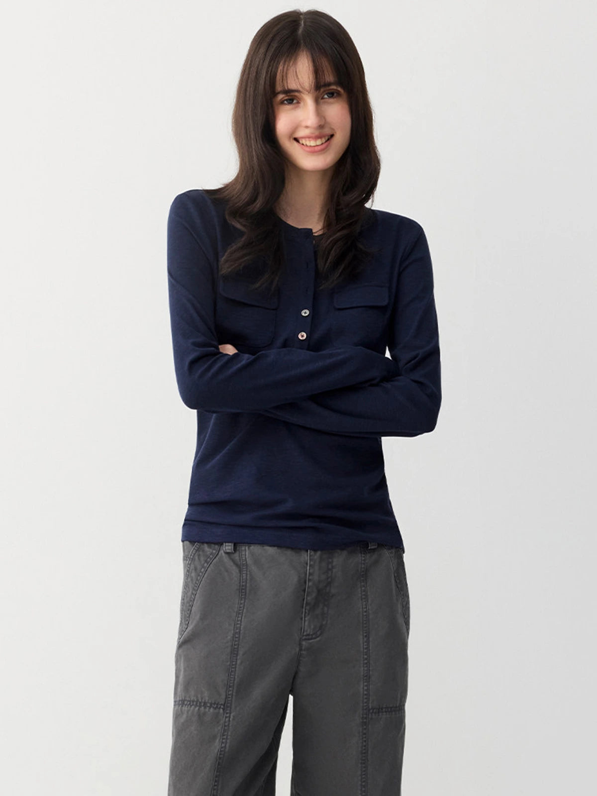 Double-Pocket Henley Long Sleeve Top
