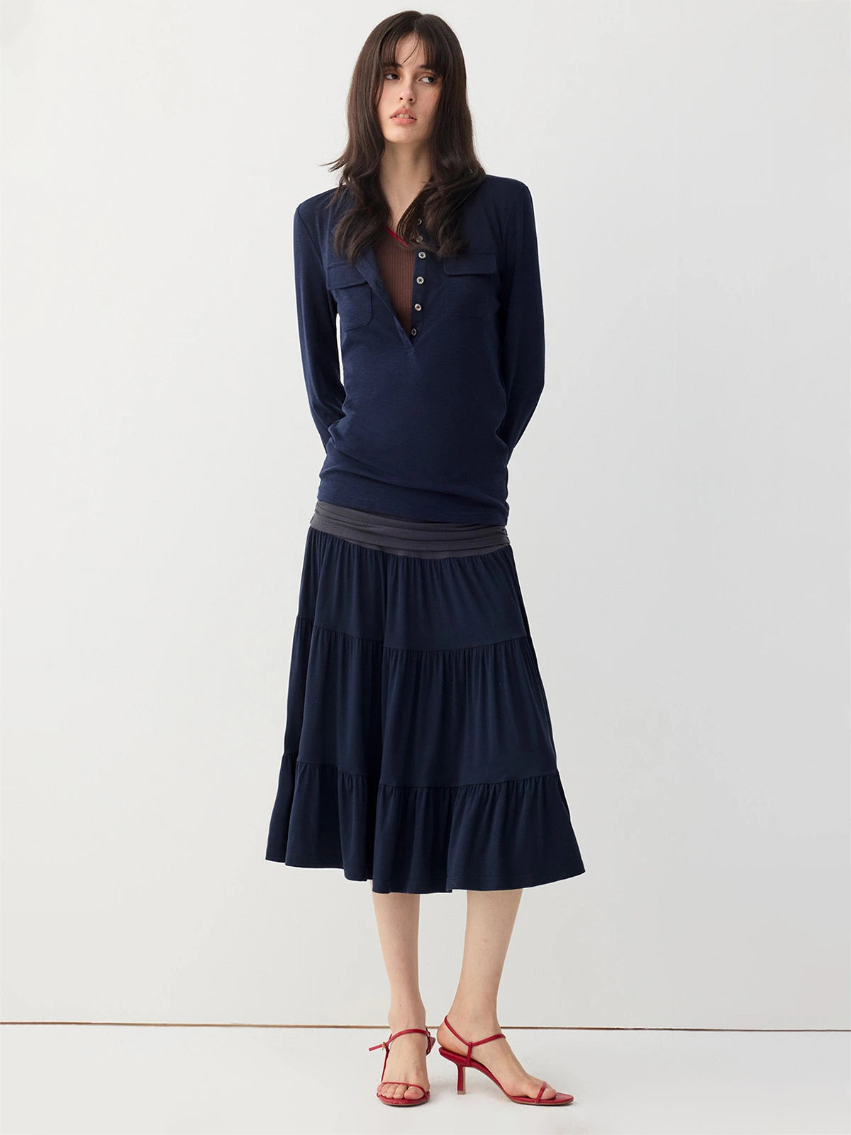 Double-Pocket Henley Long Sleeve Top