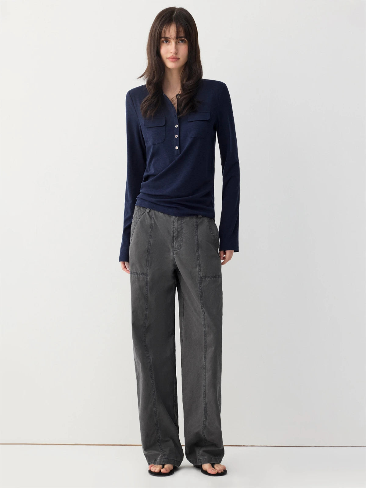Double-Pocket Henley Long Sleeve Top