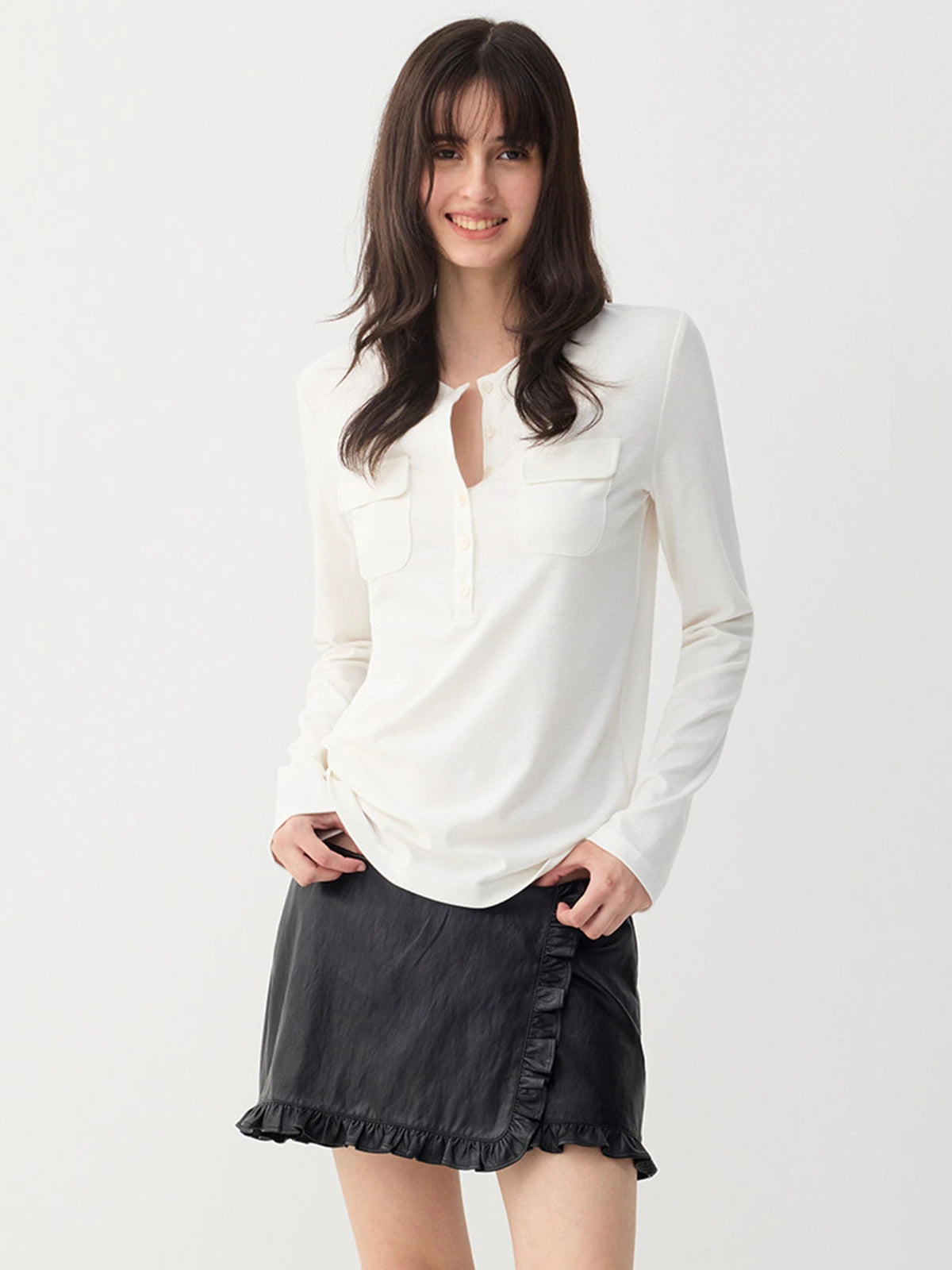 Double-Pocket Henley Long Sleeve Top