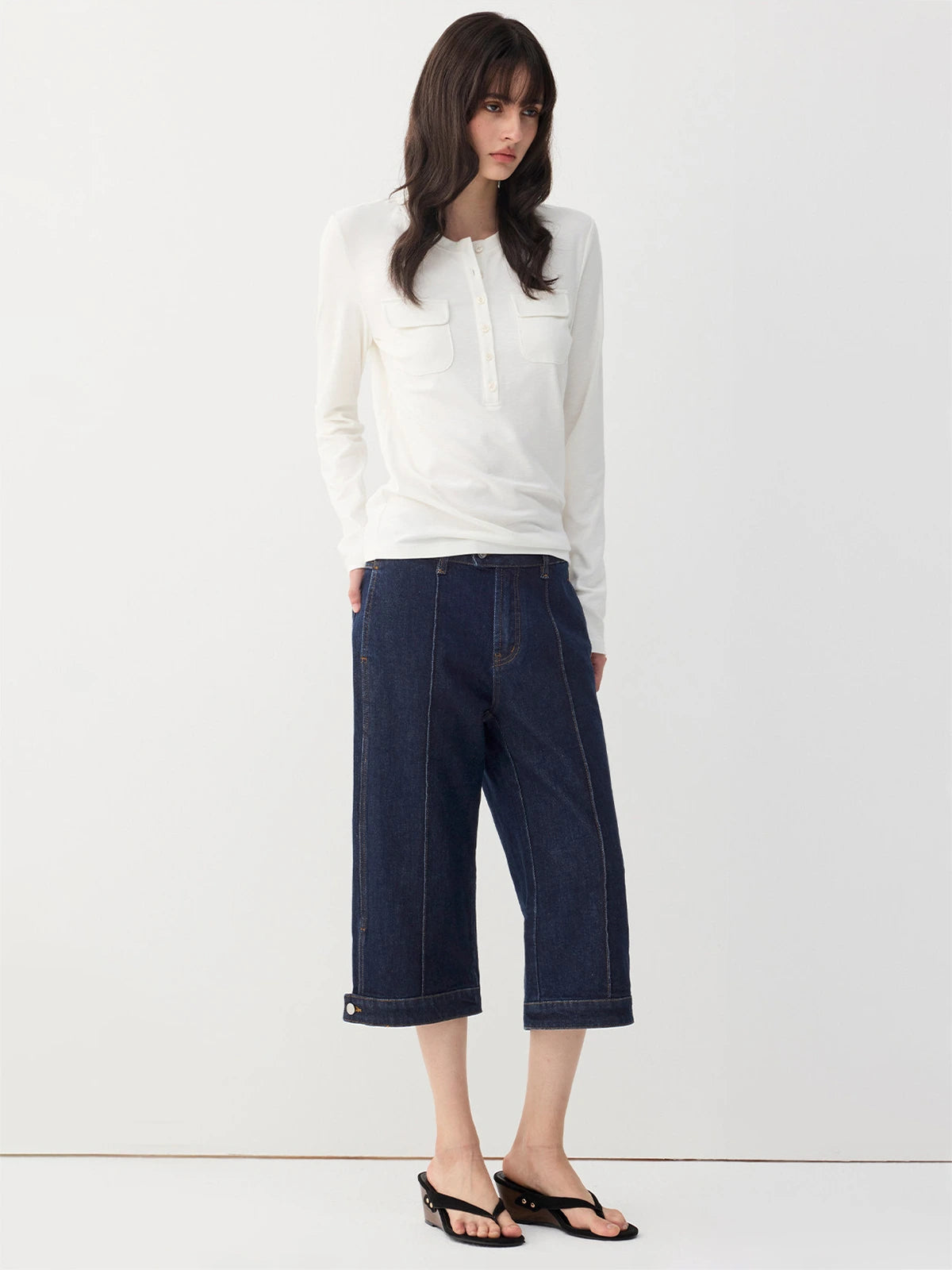 Double-Pocket Henley Long Sleeve Top