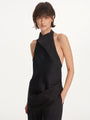 Draped cowl-neck halter top, front close view on model