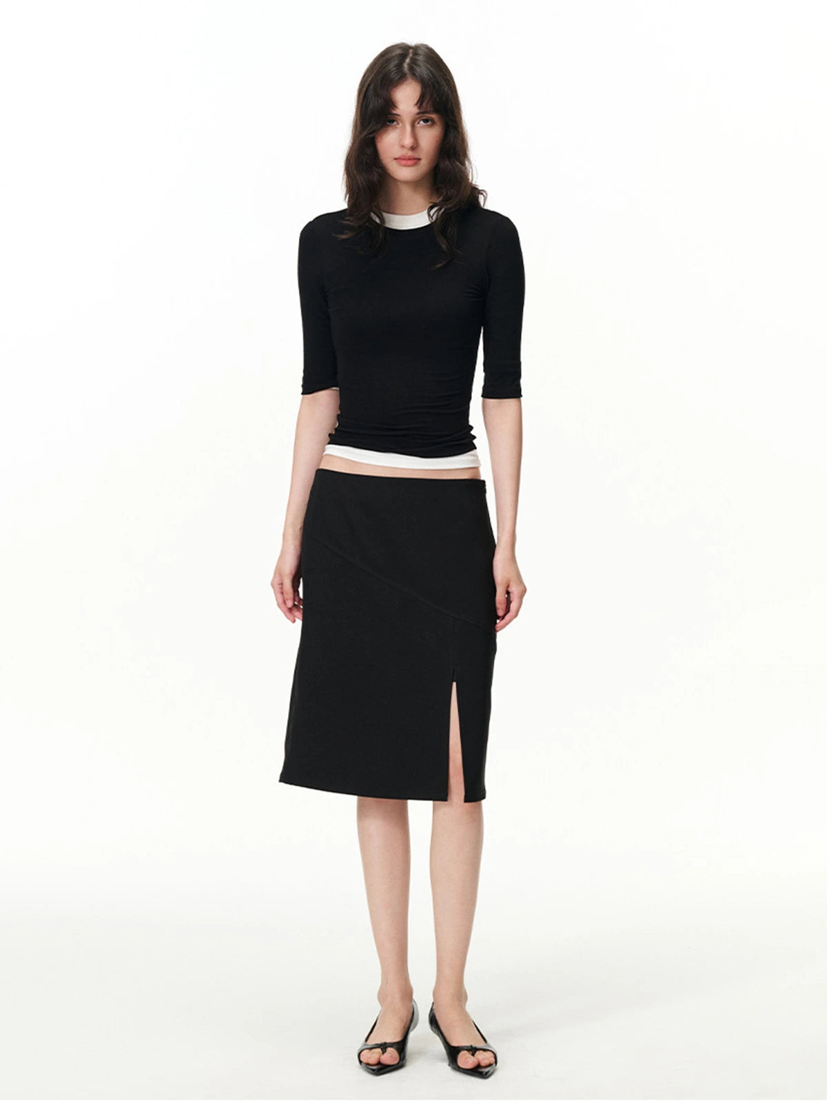 Fitted Elbow-Sleeve Crewneck Top