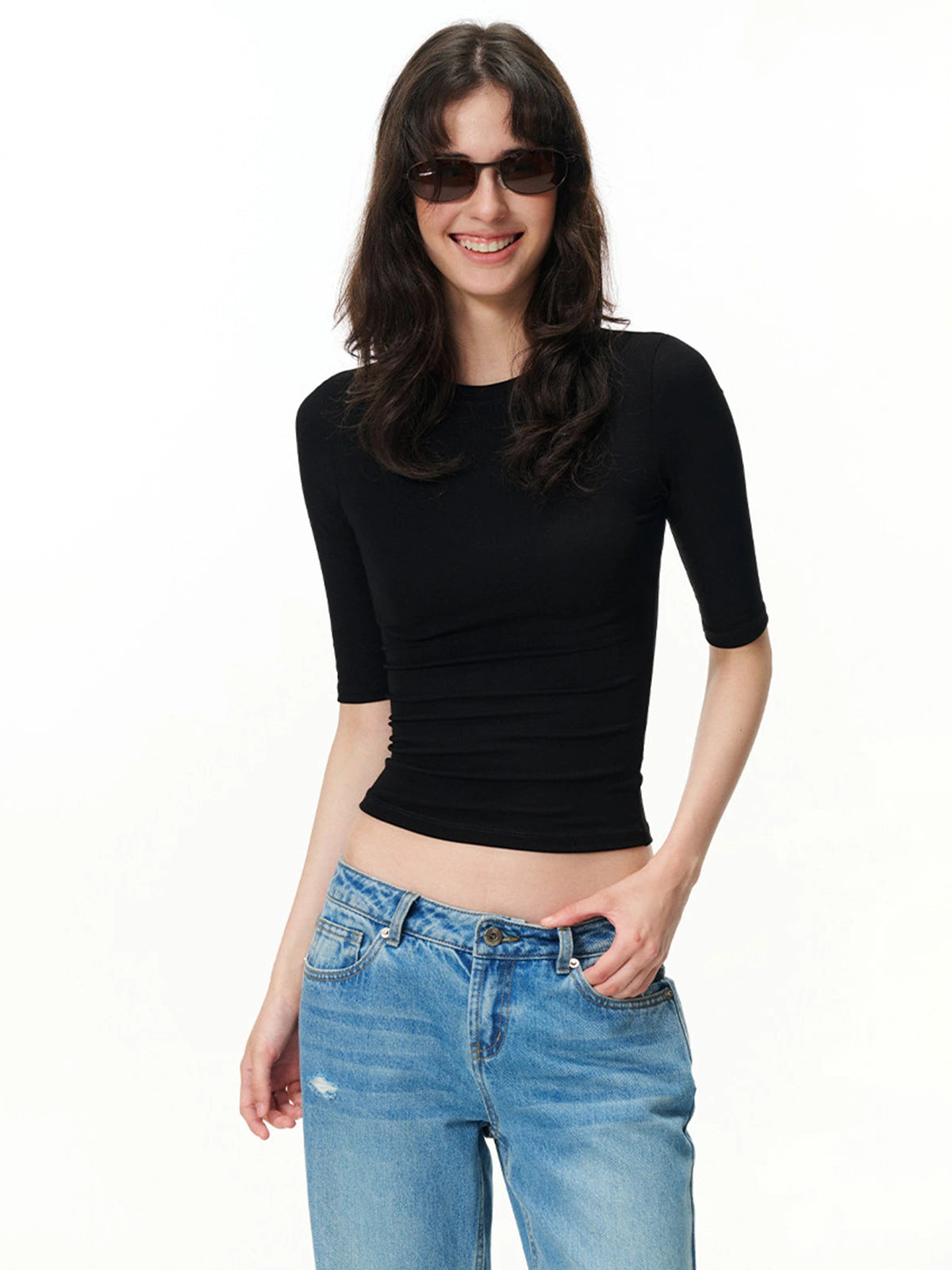 Fitted Elbow-Sleeve Crewneck Top