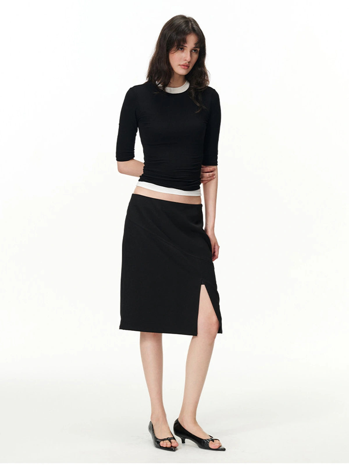 Fitted Elbow-Sleeve Crewneck Top