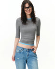 Fitted Elbow-Sleeve Crewneck Top