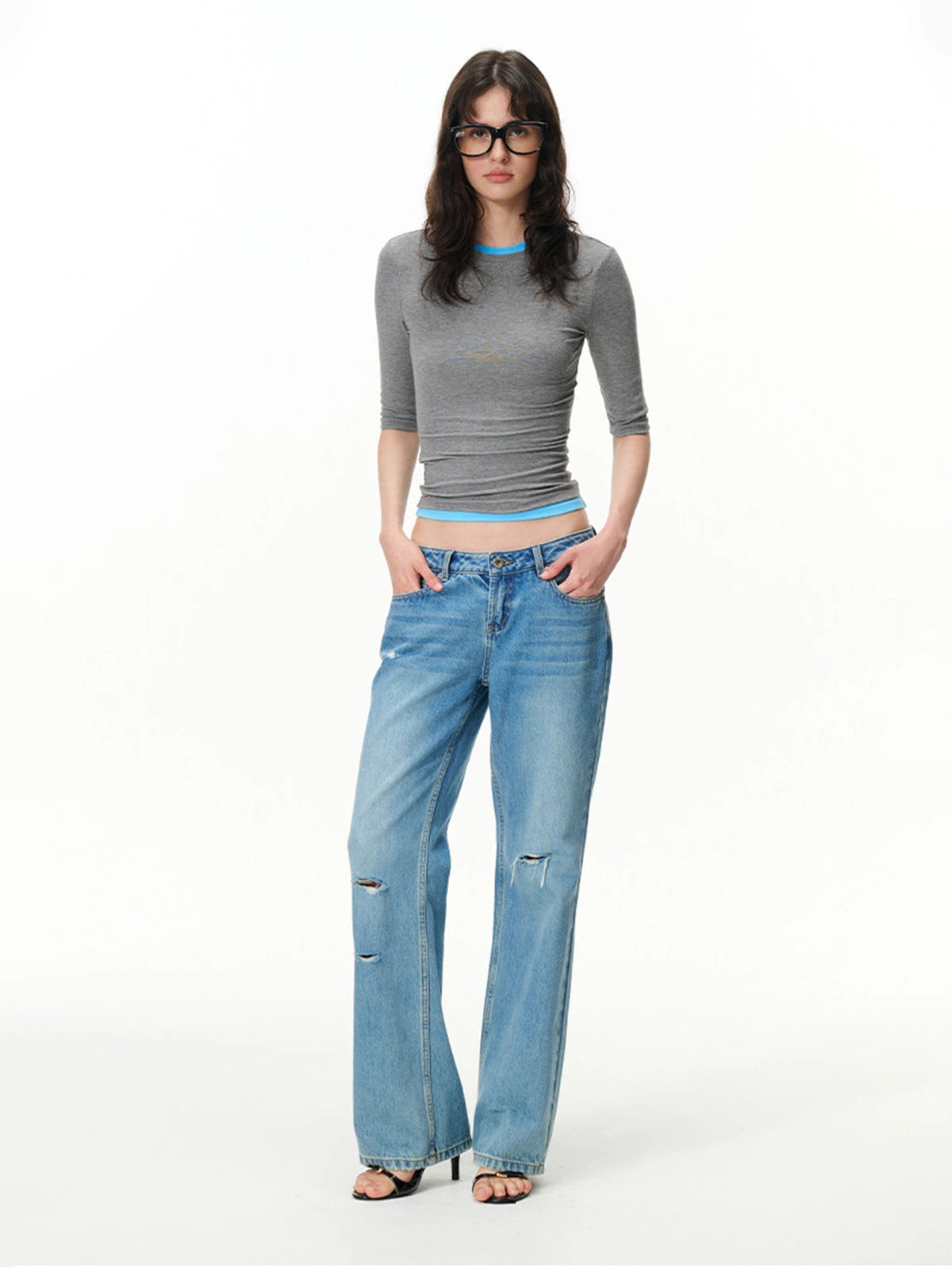 Fitted Elbow-Sleeve Crewneck Top