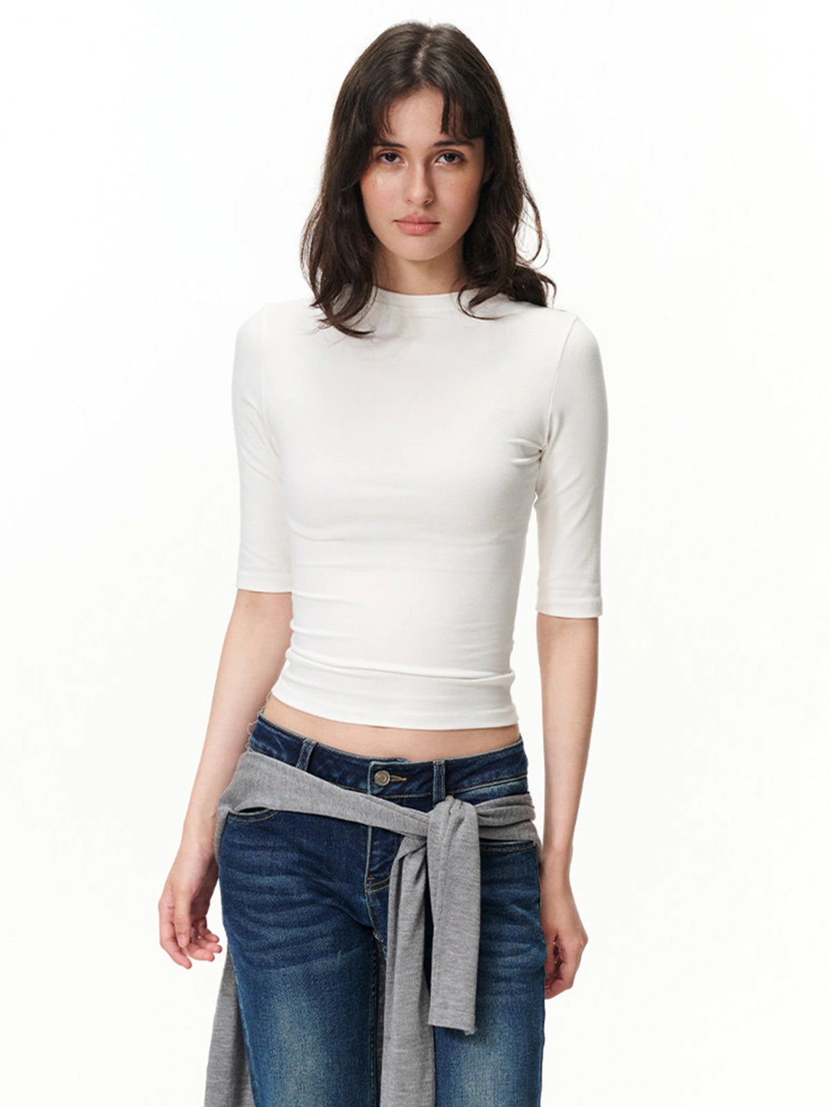 Fitted Elbow-Sleeve Crewneck Top