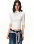 Fitted Elbow-Sleeve Crewneck Top
