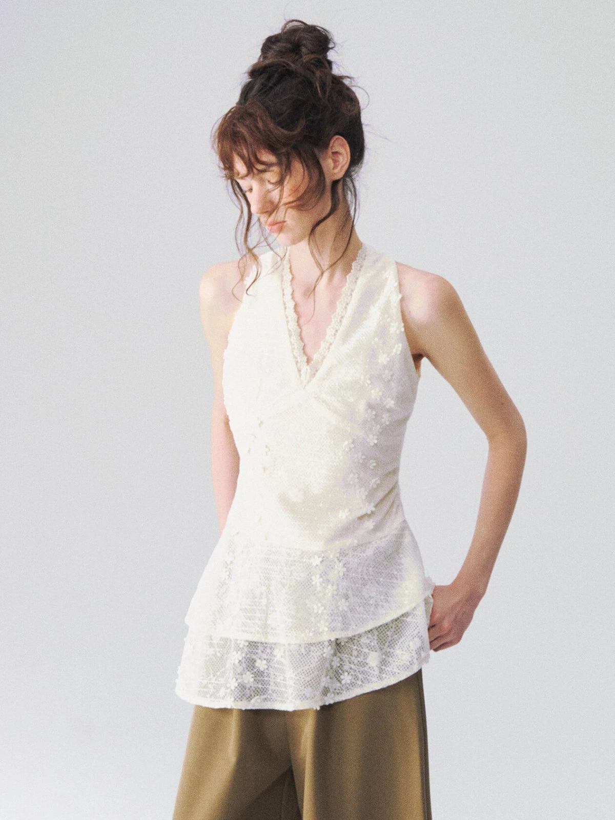 Floral Lace V-Neck Peplum Top in Ivory a?? view 4