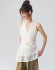 Floral Lace V-Neck Peplum Top in Ivory a?? view 4