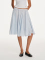 Gathered A-line midi skirt, front detail showing gathered waist