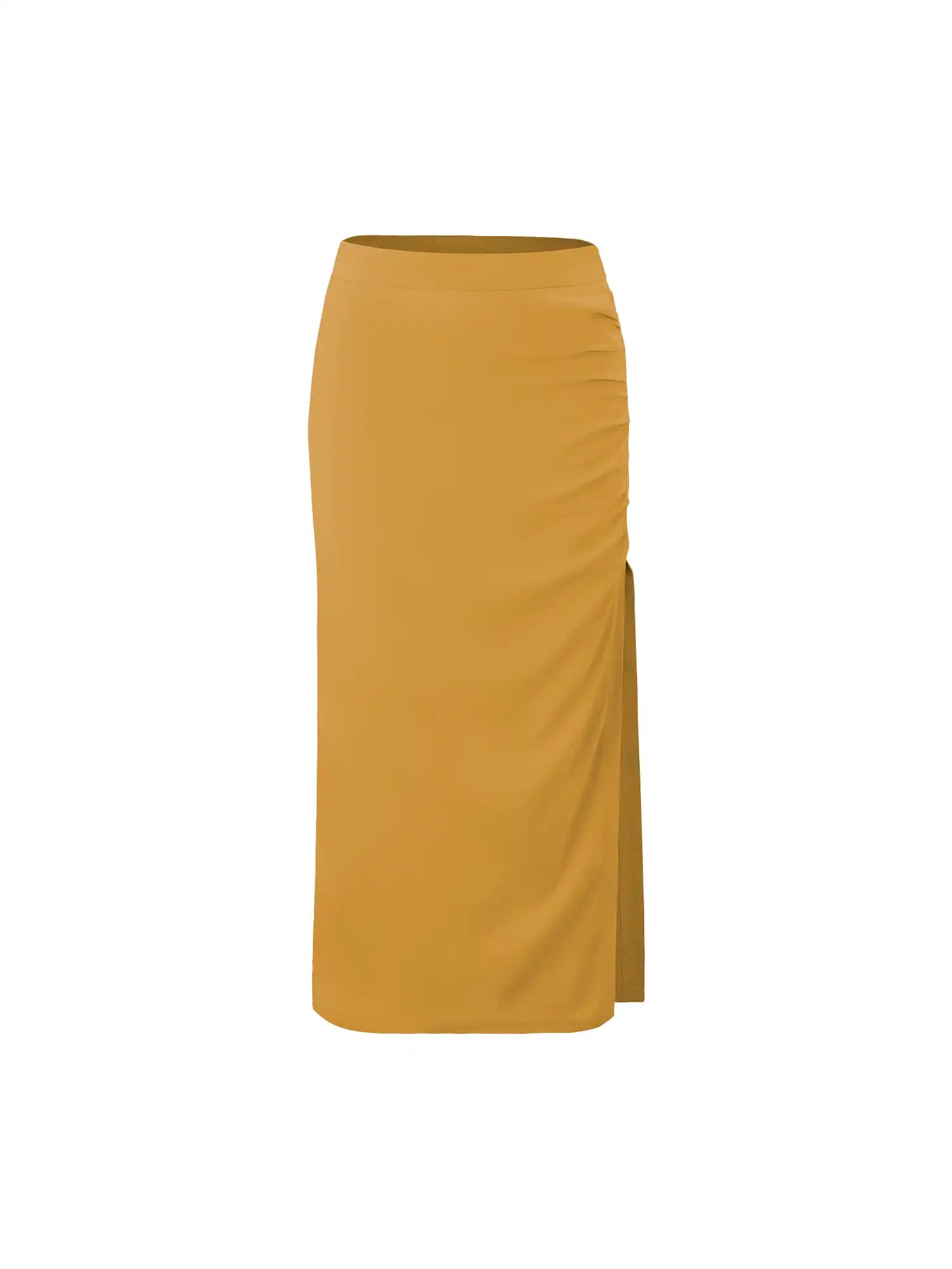 High Waist Ruched Sides Slit Midi Skirt