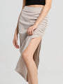 High Waist Ruched Sides Slit Midi Skirt