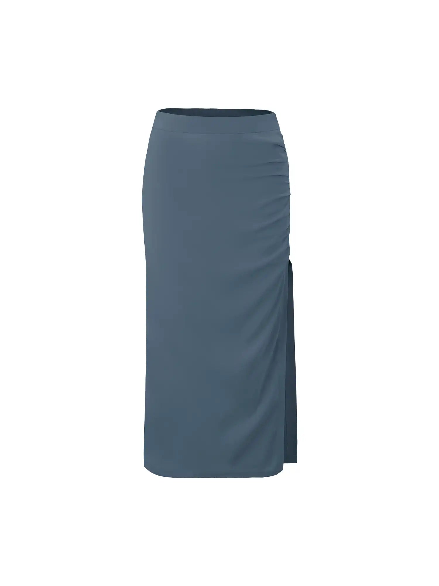 High Waist Ruched Sides Slit Midi Skirt
