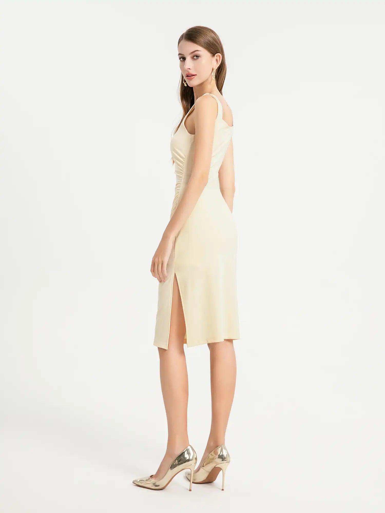 beige ruched midi dress Dreamy Luxury Lace and Satin Patchwork Ruffle Sleeve Ruched Midi Dress roschic